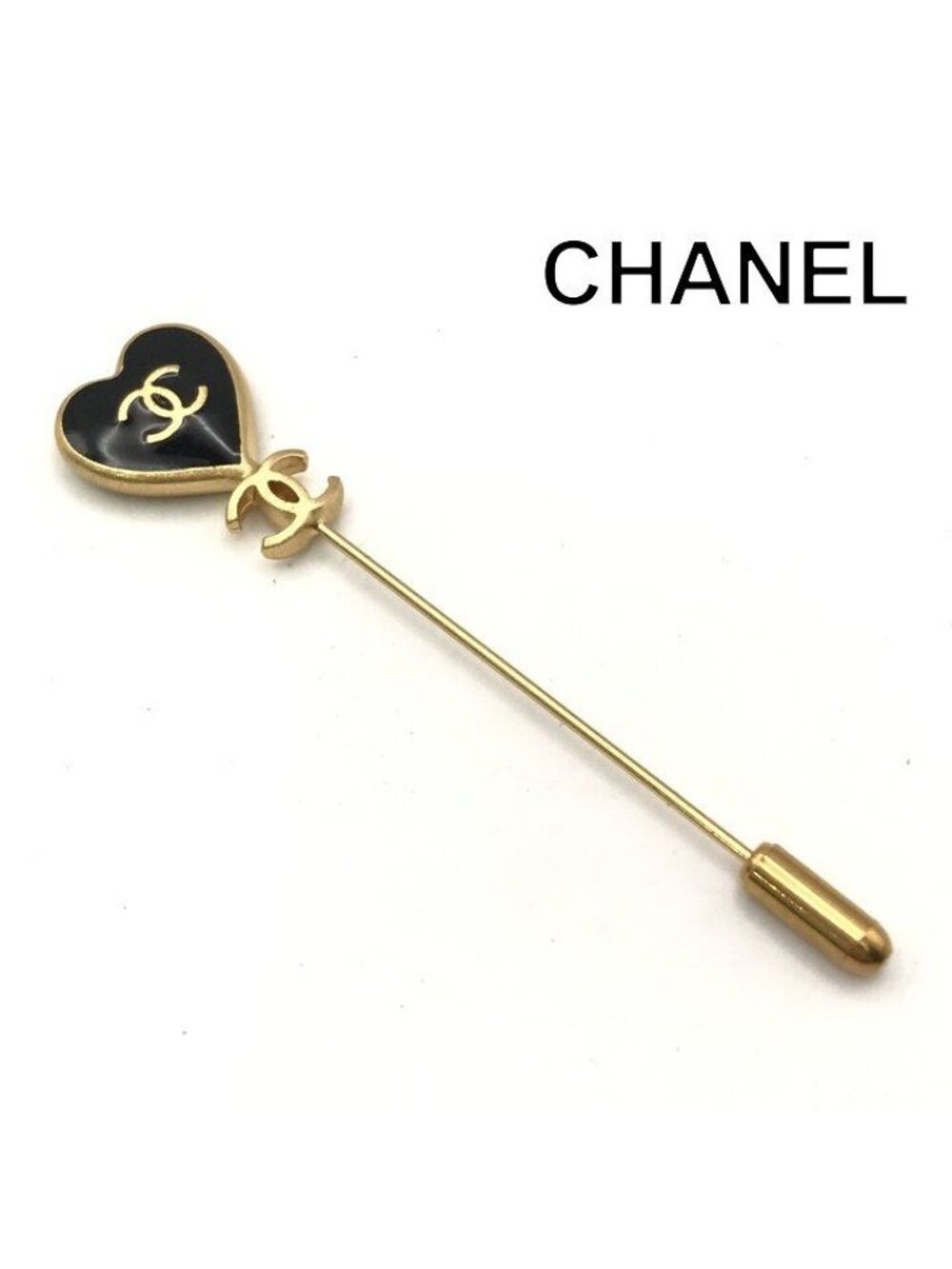 Chanel CC Logo Pin Brooch Heart Motif Vintage Black Gold